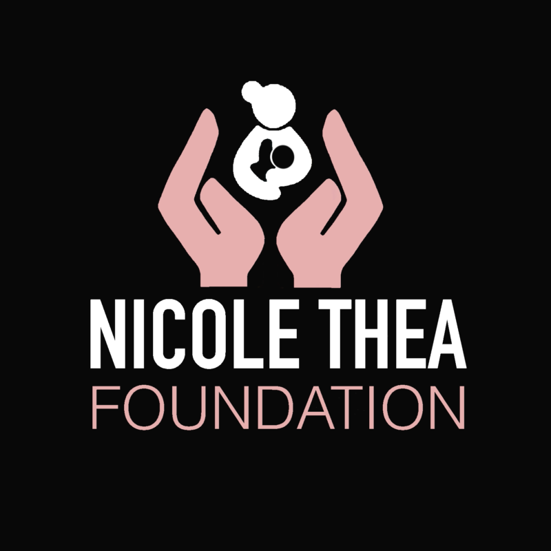 Logo of the Nicole Thea Foundation. Foundation name in white and blush pink on a black background, featuring the silhouette of two hands holding up a woman and a baby
